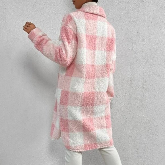 Plaid Flap Pocket cozy comfy Teddy Coat Shacket Pink - Picture 2 of 7